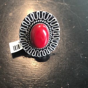 Red coral German silver ring. Size 6. 1.25in diameter.